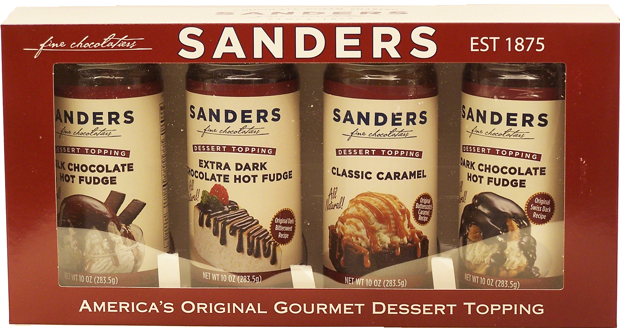 Sander's  gift topping collection, 4 10-oz, bittersweet, butterscotch, swiss dark, milk chocolate hot fudge Full-Size Picture